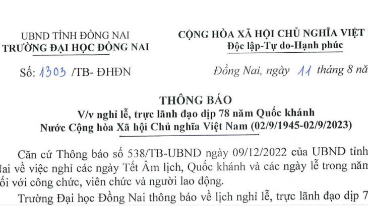 Thông báo  nghỉ lễ, trực lãnh đạo dịp 78 năm Quốc Khánh Nước Cộng Hòa XHCN Việt Nam (02/9/1945 - 02/9/2023)