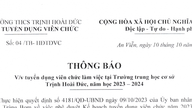 Thông báo tuyển dụng viên chức làm việc tại trường THCS Trịnh Hoài Đức, năm học 2023-2024